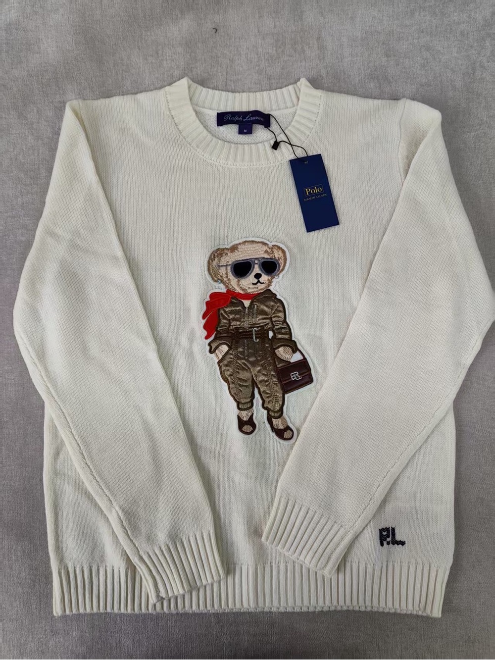 Polo by Ralph Lauren Cream Crewneck Sweater with Aviator Bear Applique